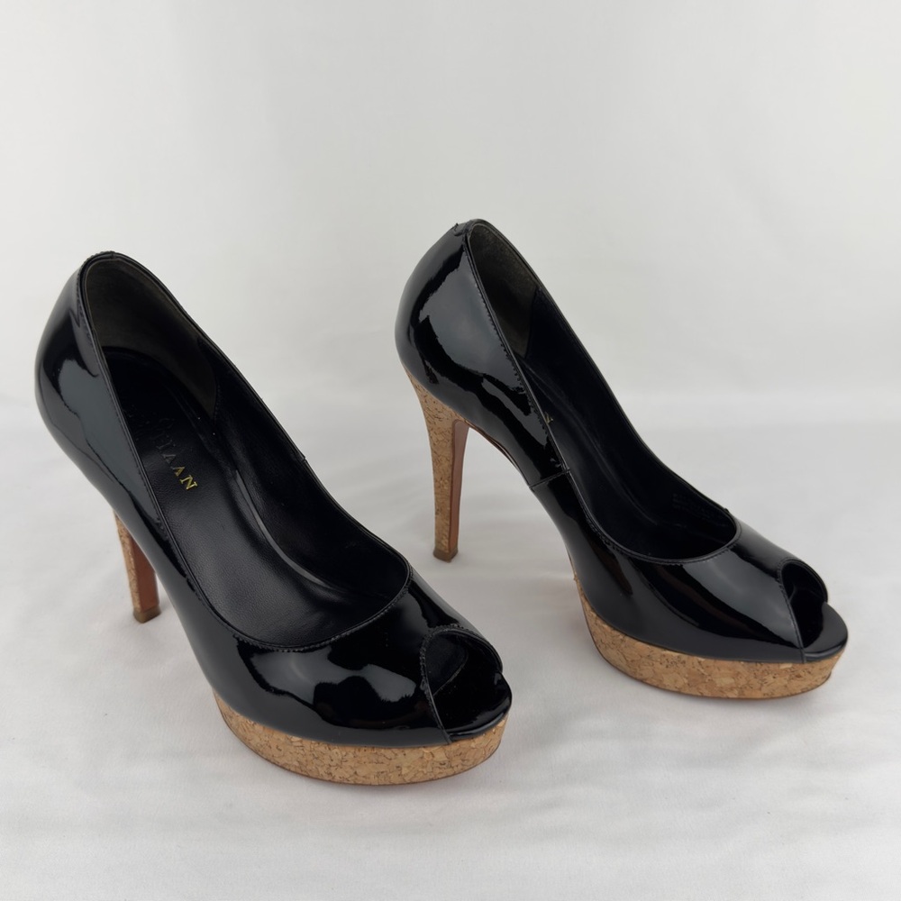 Cole Haan Black Patent Leather Cork Platform Peep Toe Pumps Sz 9